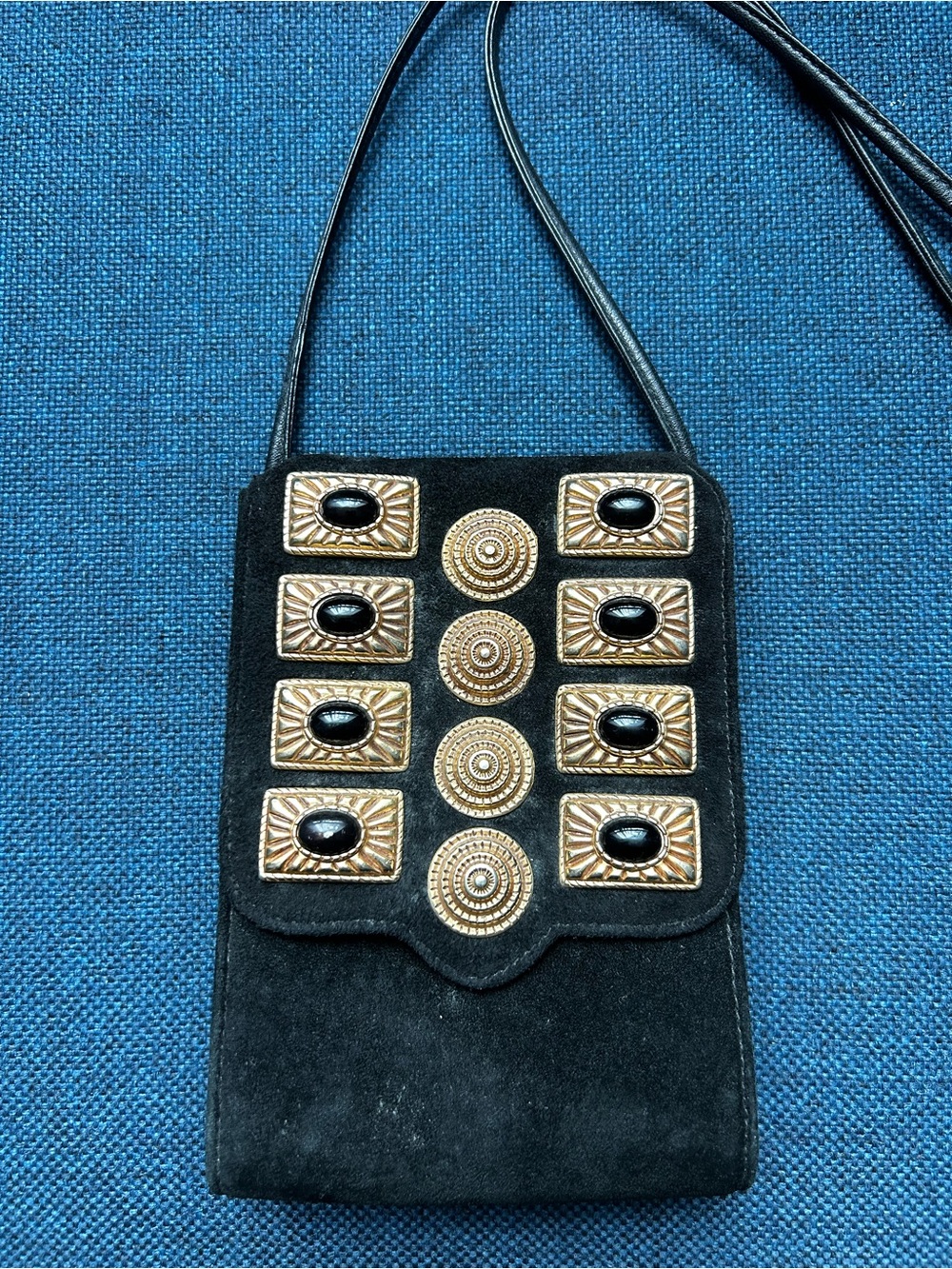 Braccialini Genuine Black LeatherSuede Crossbody Bag with Gold Medallion Accents